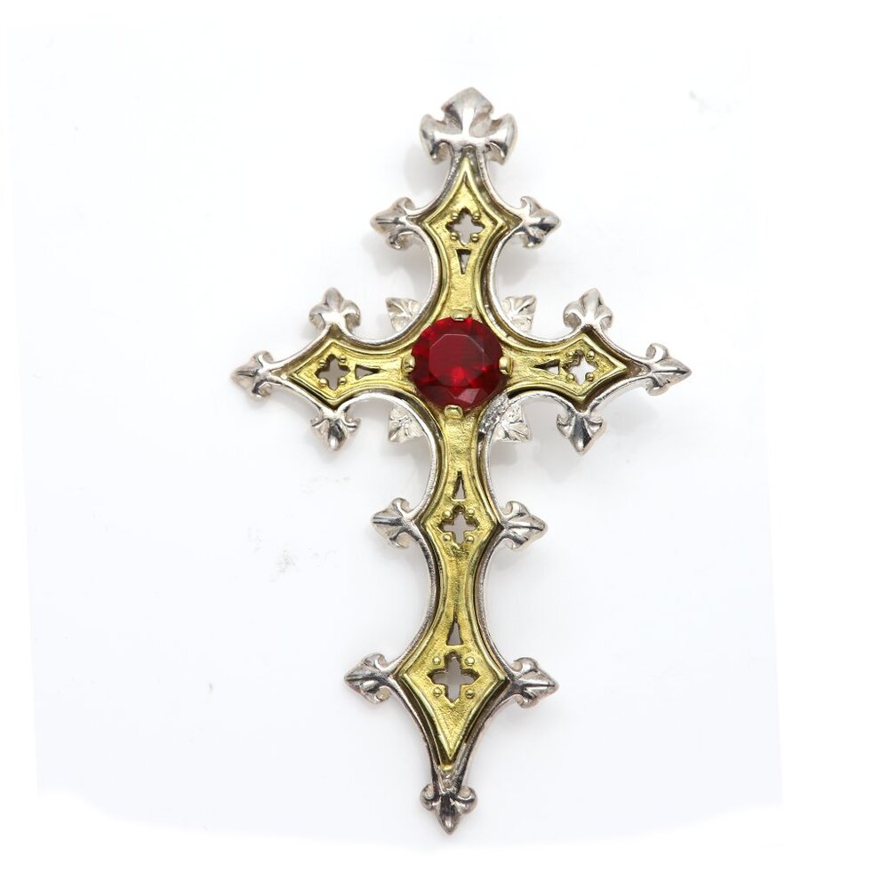 Vintage Gothic Cross Sterling Silver & Brass Artistic Red Cross Red Stone